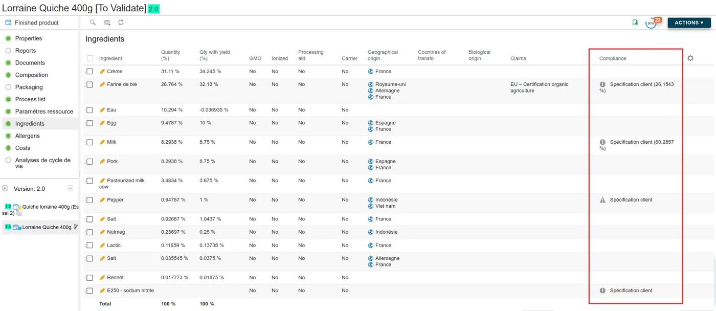 Advanced ingredients management with beCPG