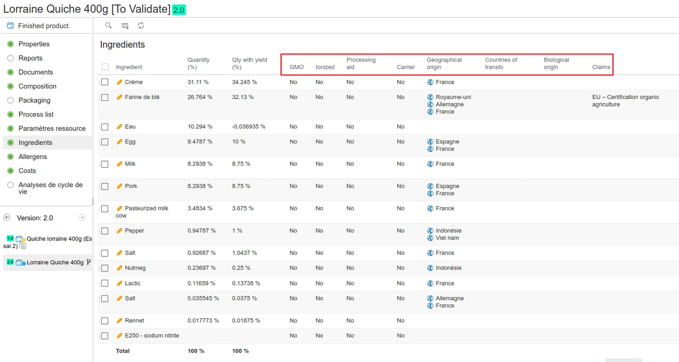 Advanced ingredients management with beCPG