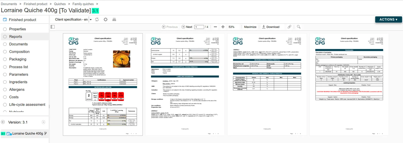 Automatic generation of data sheets in beCPG