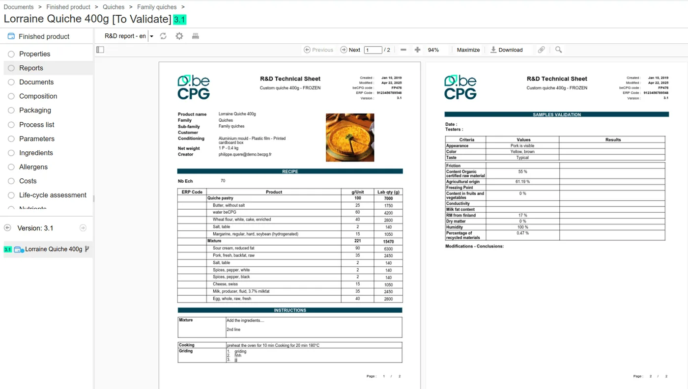 Automatic generation of data sheets in beCPG