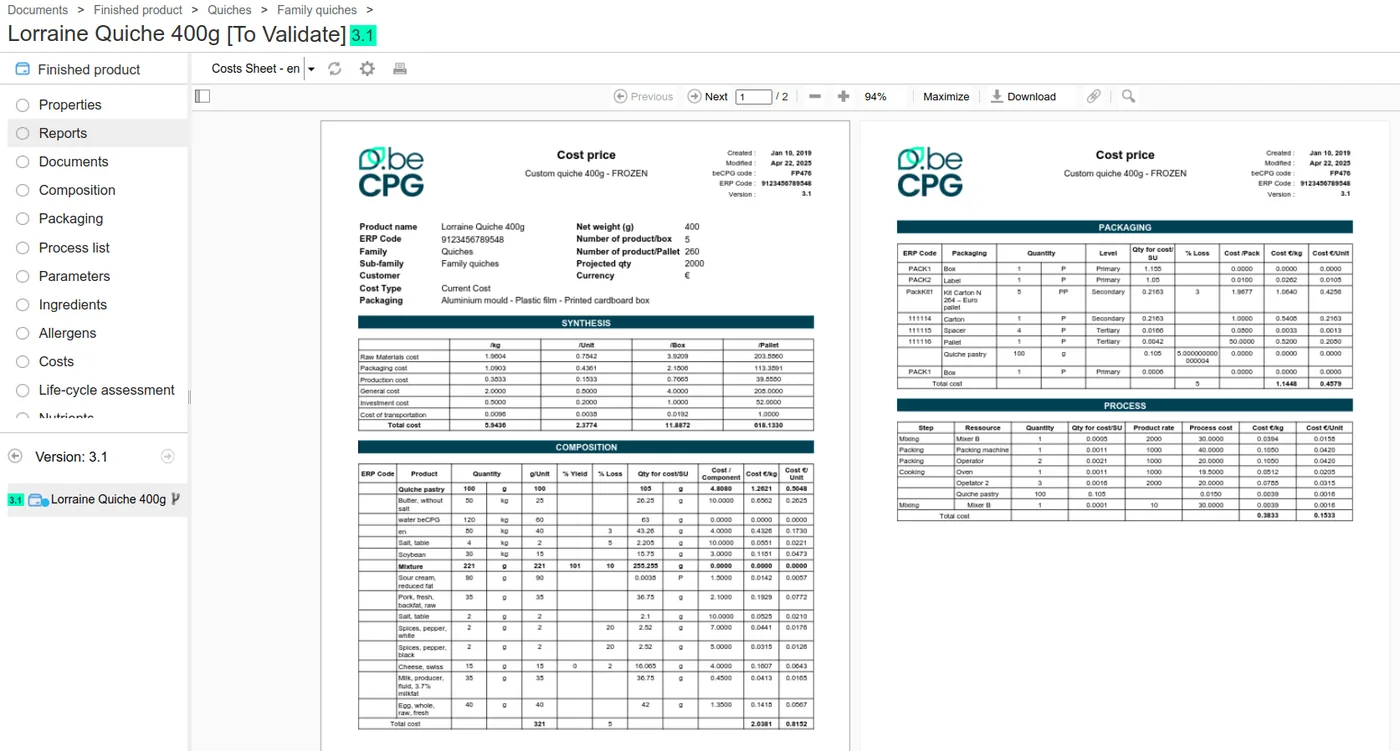 Automatic generation of data sheets in beCPG