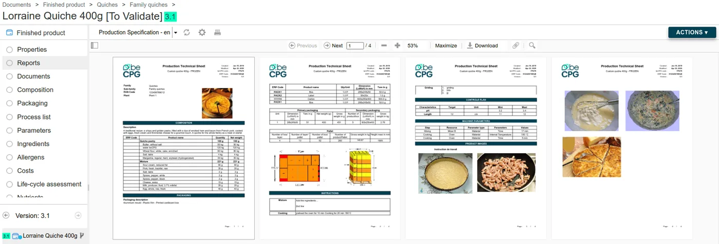 Automatic generation of data sheets in beCPG
