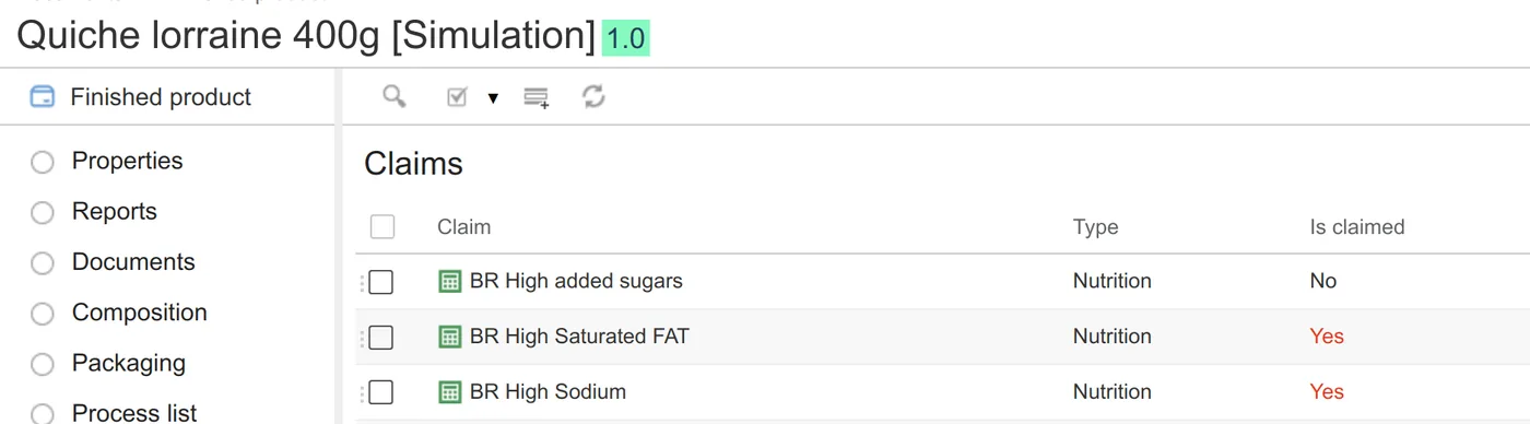 Lista de alegações de um produto acabado no beCPG: alto em açúcares adicionados, gordura saturada e sódio, declarada ou não