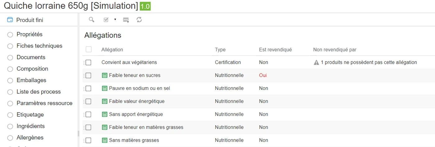 Calcul des allégations nutritionnelles avec beCPG