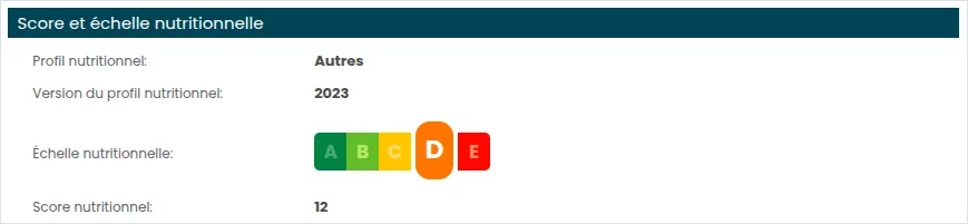 Bloc « Score et échelle nutritionnelle » d'une fiche produit : profil, version du profil, échelle Nutri-Score et score nutritionnel