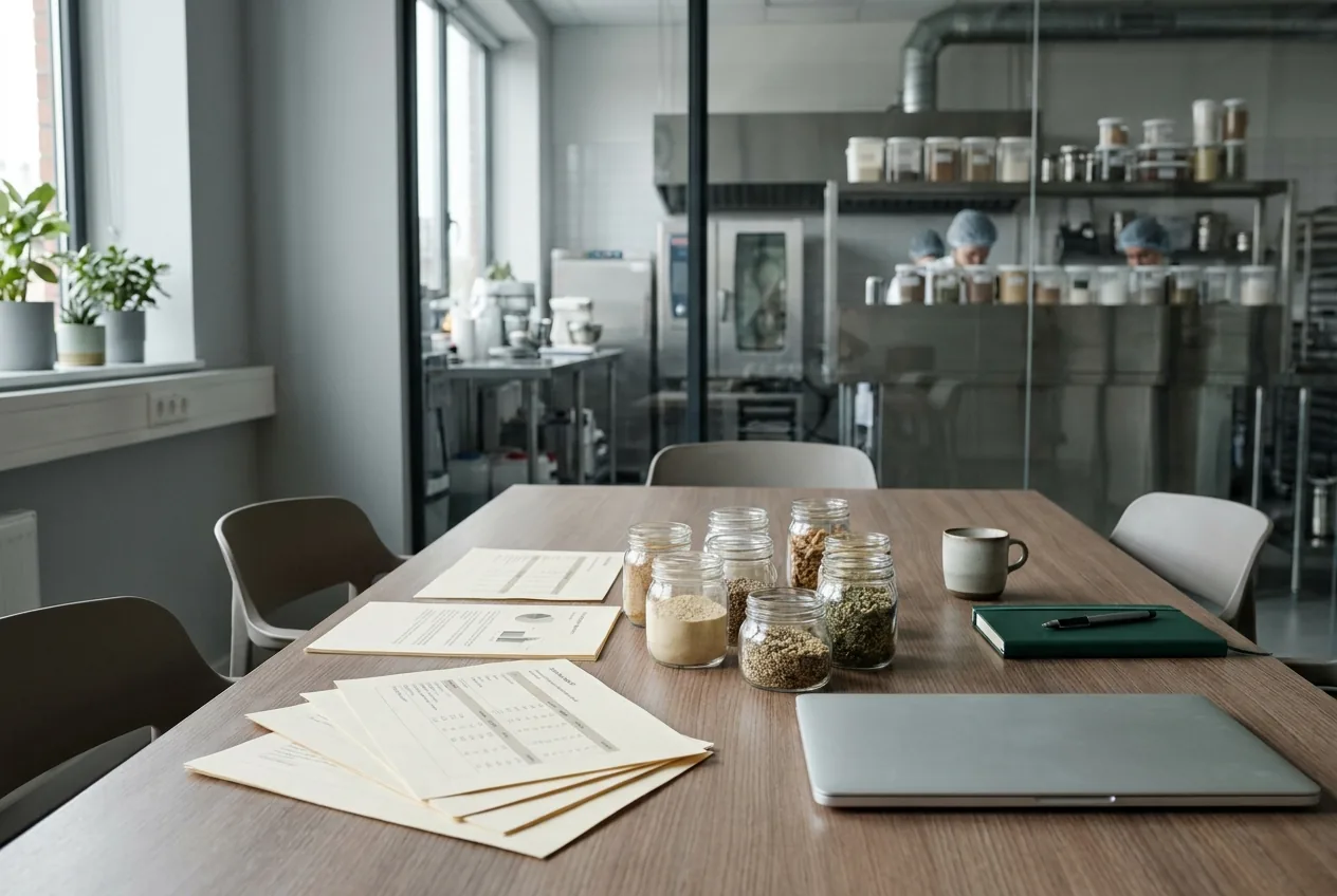 Meeting table of a food R&D team with printed recipe sheets and ingredient jars, pilot kitchen in the background