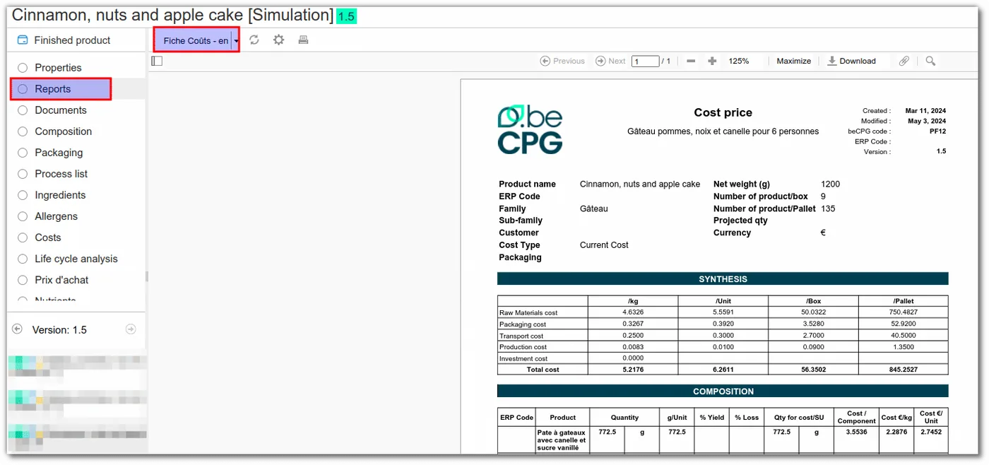 beCPG cost price report with the cost breakdown per sales unit