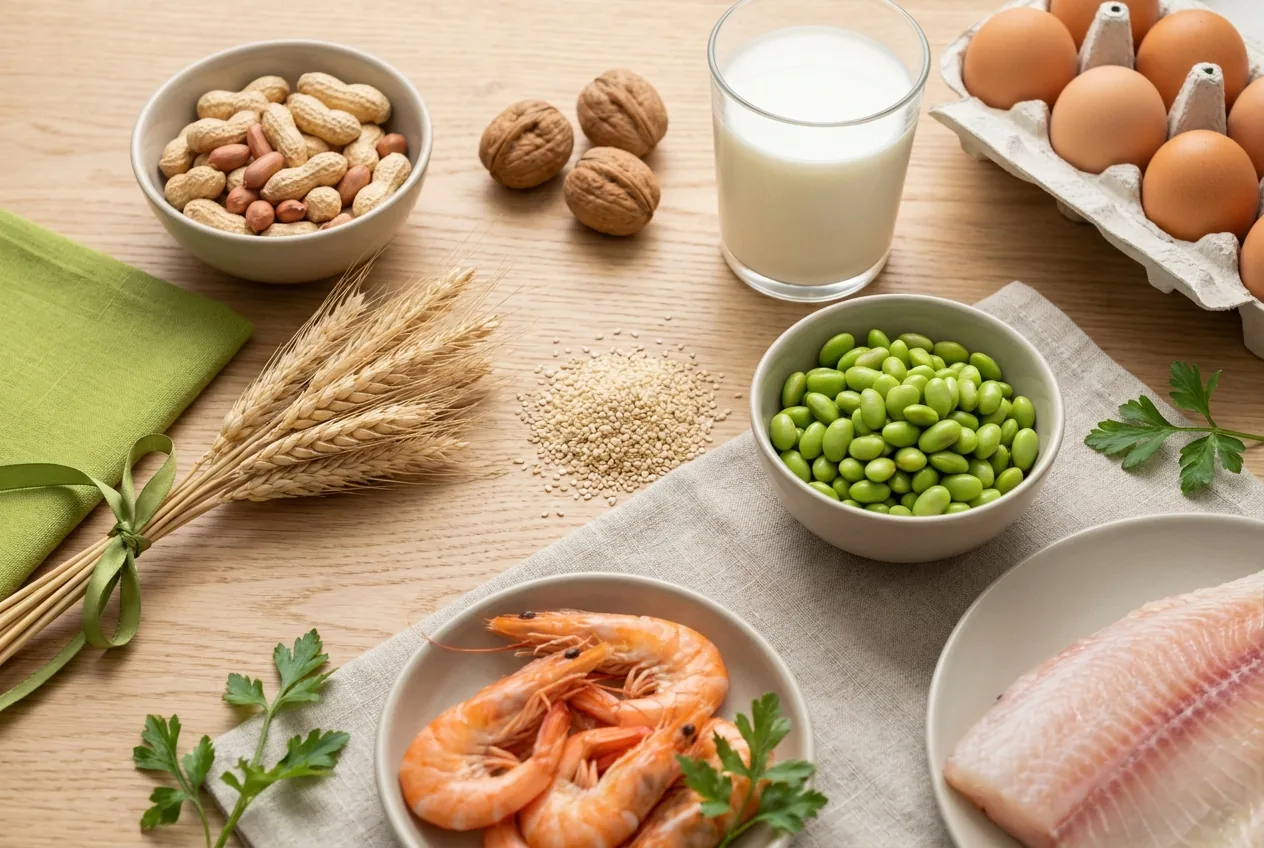 Major food allergens on a wooden table: peanuts, walnuts, milk, eggs, wheat, sesame seeds, soybeans, shrimp and fish