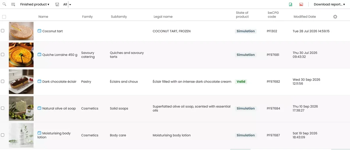 beCPG product repository: finished products with their state (simulation, valid), family and beCPG code