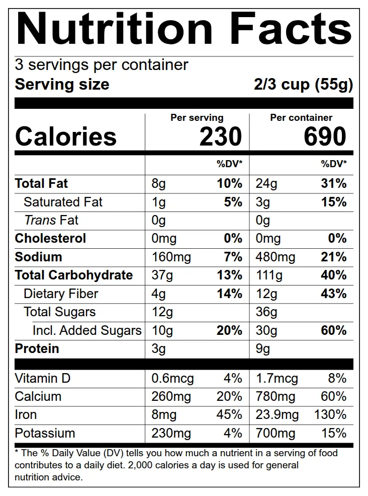 US Nutrition Facts label in the FDA dual-column format, generated by beCPG
