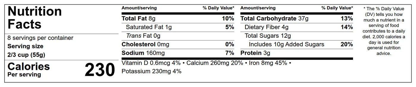 US Nutrition Facts label in the FDA tabular format, generated by beCPG