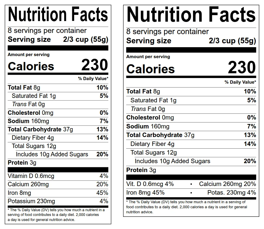 US Nutrition Facts label generated by beCPG in two FDA formats