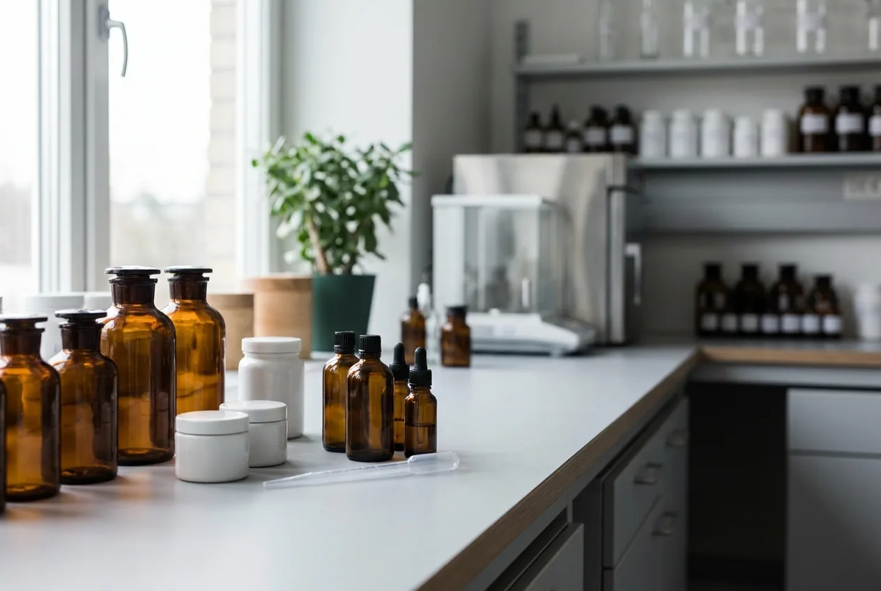 Paillasse de laboratoire cosmétique avec flacons en verre ambré, pots blancs et pipette