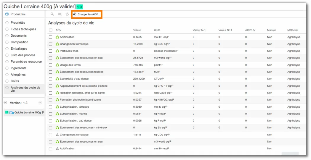 Liste d’analyse du cycle de vie d’un produit beCPG avec ses indicateurs et la méthode Agribalyse