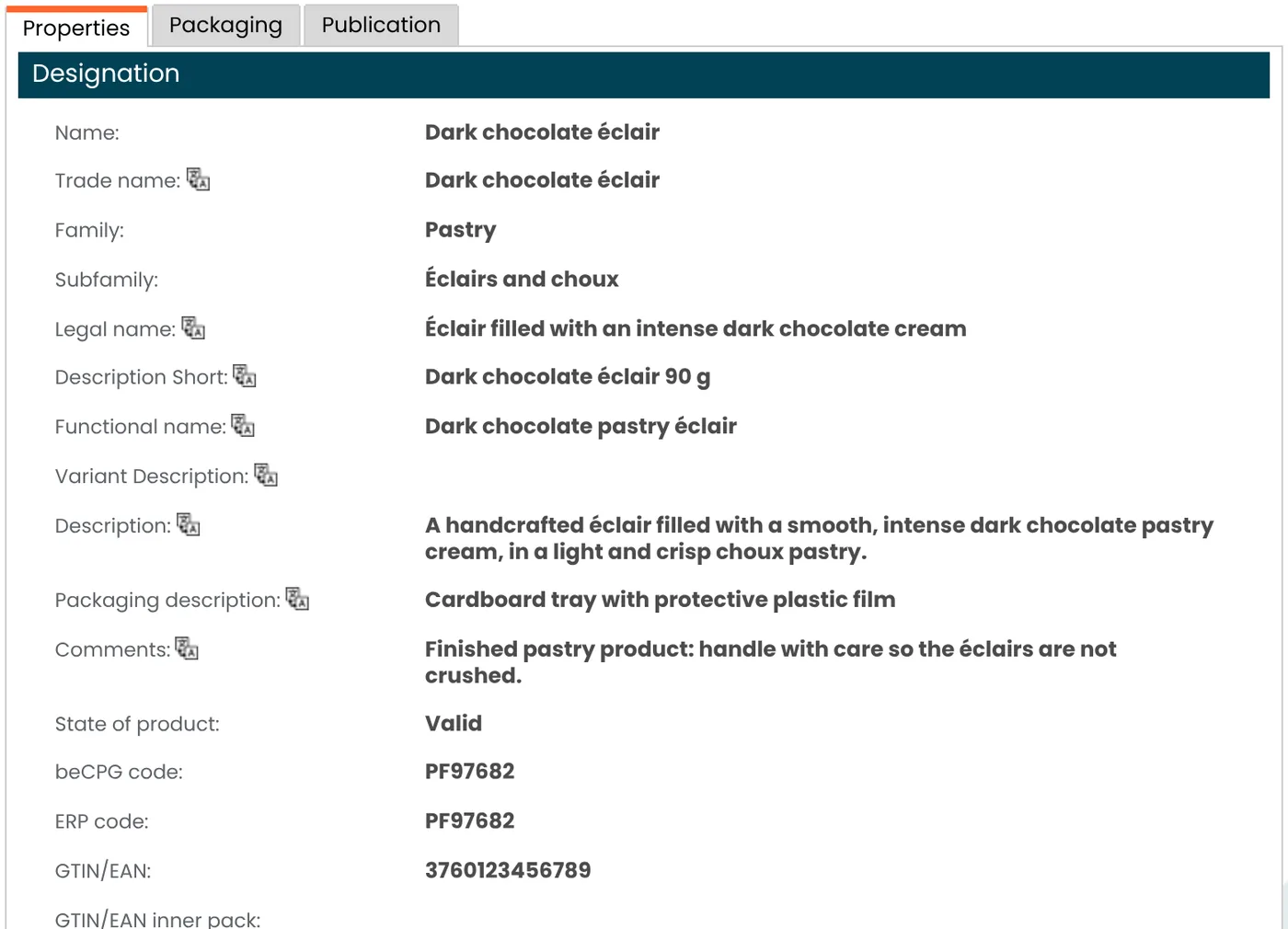 Product sheet of an éclair in beCPG: designation, family, names, product state, beCPG code, ERP code and GTIN/EAN