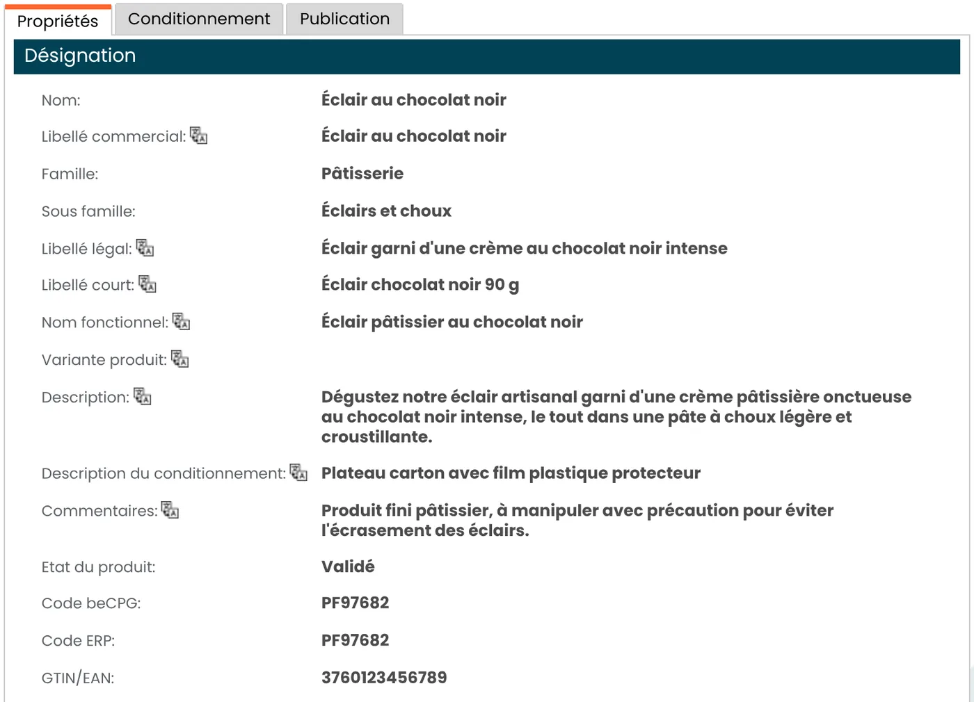Fiche produit d’un éclair dans beCPG : désignation, famille, libellés, état du produit, code beCPG, code ERP et GTIN/EAN