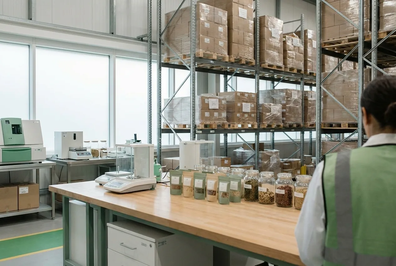 Food plant warehouse with pallets of finished goods and, in the foreground, a lab bench with ingredient samples