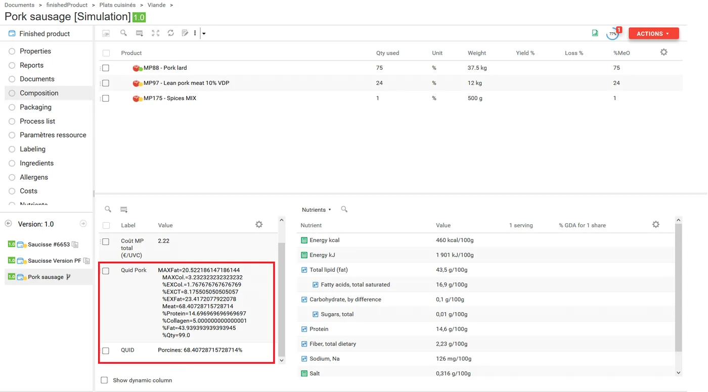 beCPG PLM: QUID of meat calculated from the recipe of a pork sausage, with fat and collagen excess
