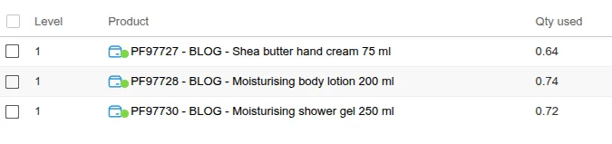 Lista no beCPG dos produtos acabados que usam uma mesma matéria-prima, com o nível e a quantidade usada