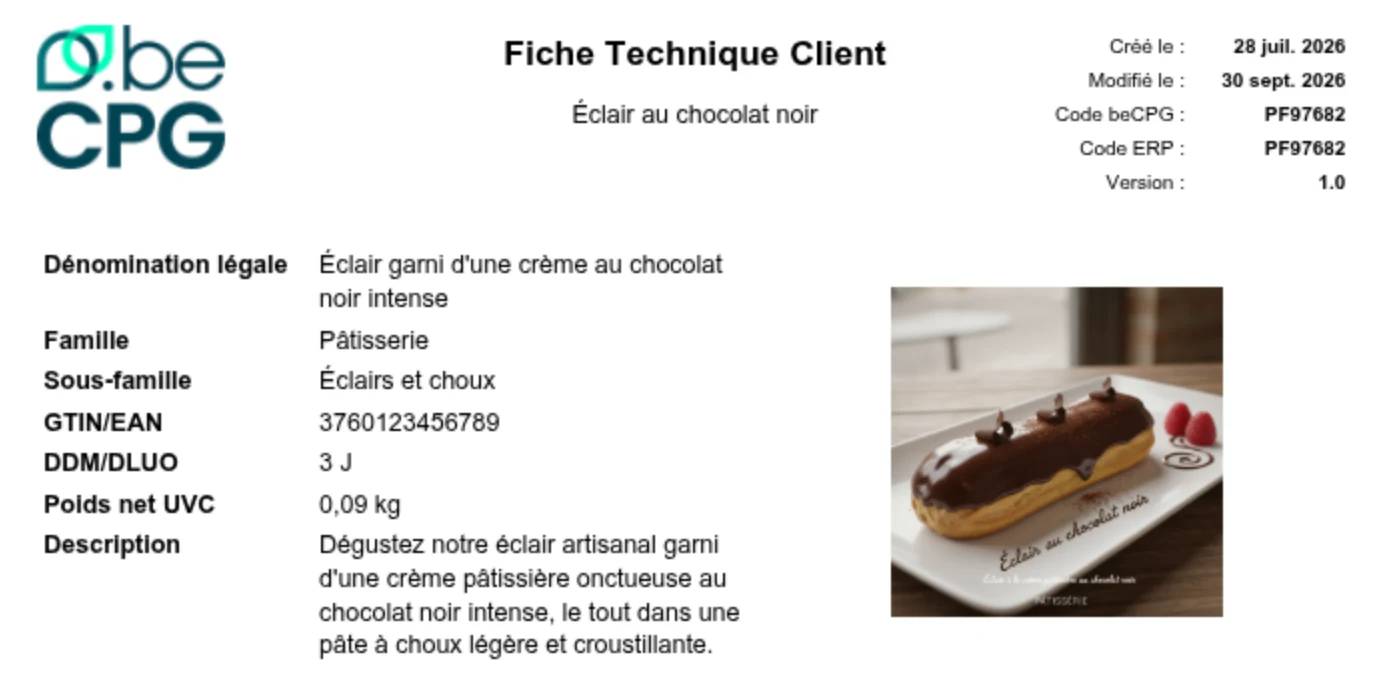 ダークチョコレートのエクレアの顧客向け規格書：法定名称、製品ファミリー「製菓」、サブファミリー「エクレア・シュー」、GTIN、賞味期限、正味重量、製品写真