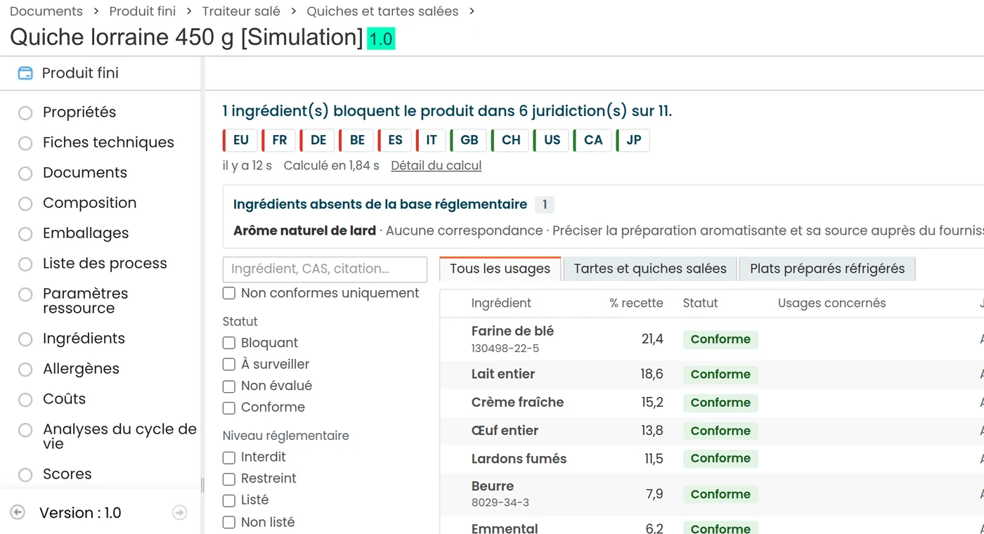 Vista normativa en la ficha de producto de una quiche lorraine: un ingrediente bloquea el producto en 6 de 11 jurisdicciones, un ingrediente no figura en la base de datos regulatoria y, debajo, la lista de ingredientes con su estado