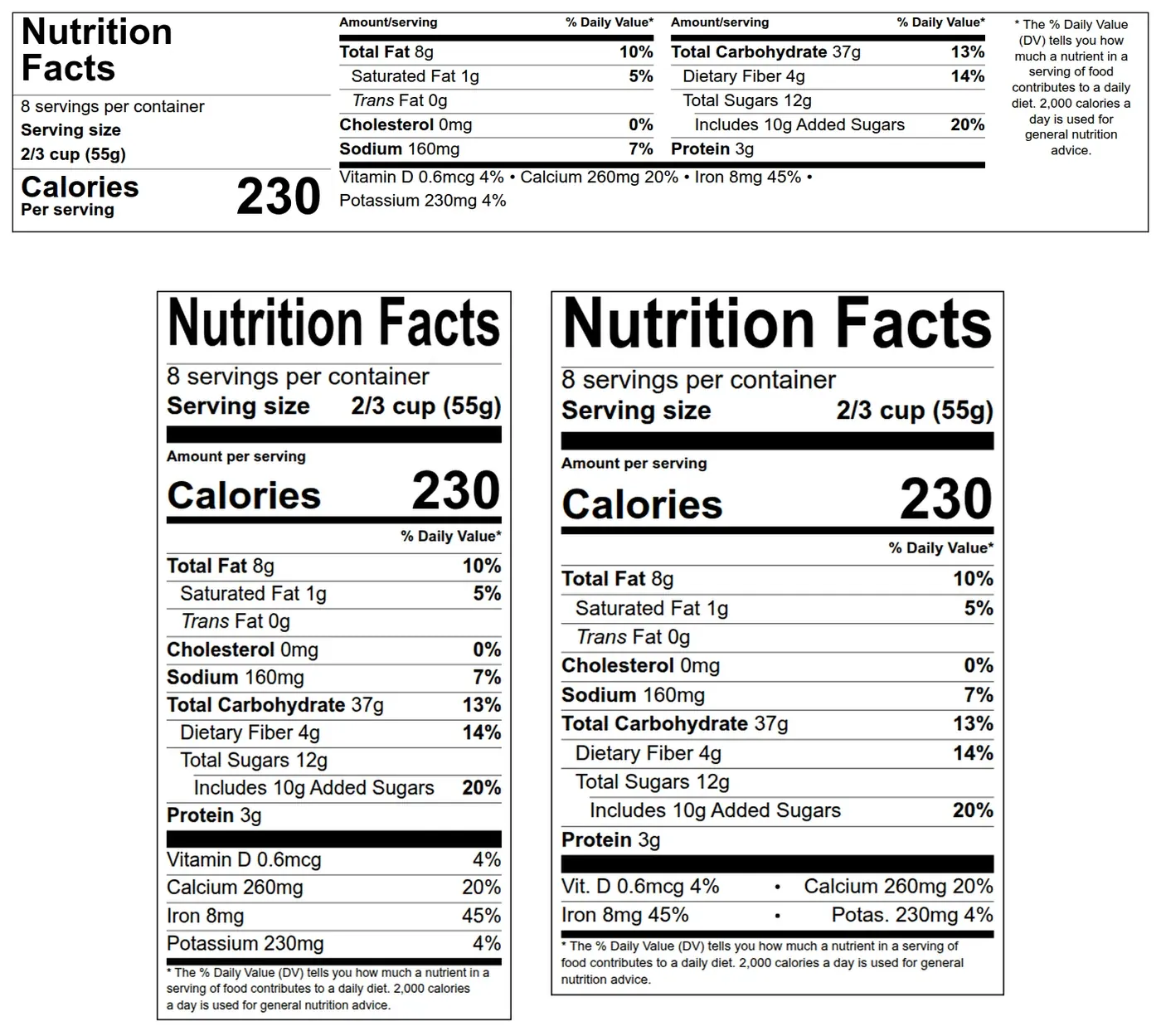 جداول Nutrition Facts الخاصة بإدارة الغذاء والدواء الأمريكية مُنشأة بالصيغة الجدولية والصيغ العمودية