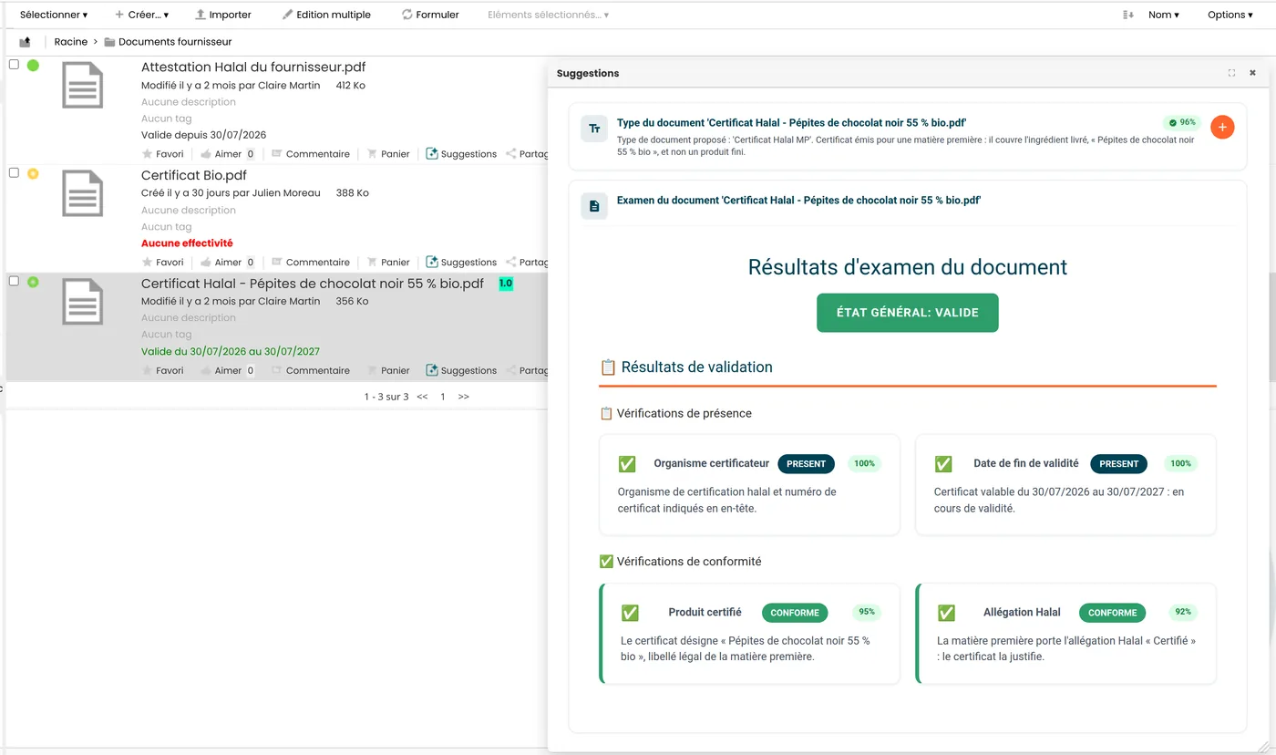 Chef AI contrôle un certificat Halal fournisseur : type de certificat adapté à la matière première, date de validité, produit certifié et allégation Halal vérifiés