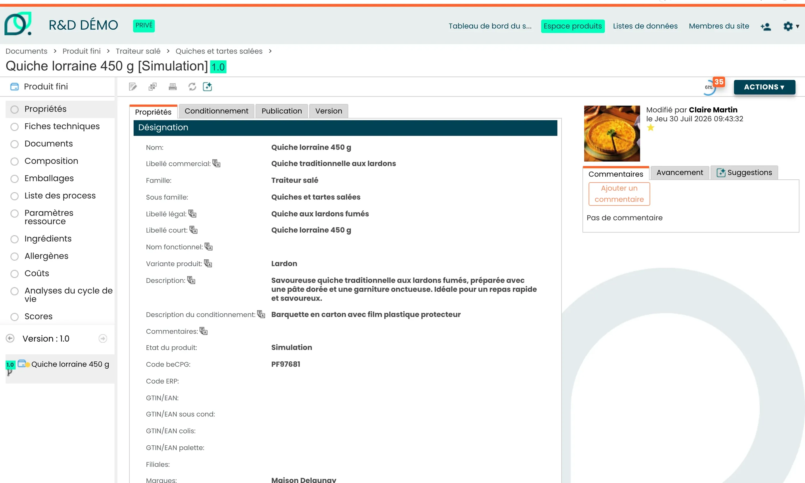 Ficha de producto de beCPG de una quiche lorraine con propiedades, versión y pestañas (datos de demostración)