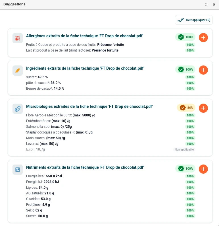 اقتراحات Chef AI المستخرجة من مواصفات مورّد بصيغة PDF: مسببات الحساسية والمكونات والمعايير الميكروبيولوجية والعناصر الغذائية، ولكلٍّ منها نسبة الثقة وزر لتطبيقه