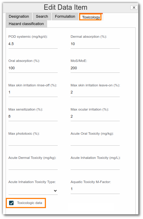 Ingredient Toxicology in the ingredient administration list