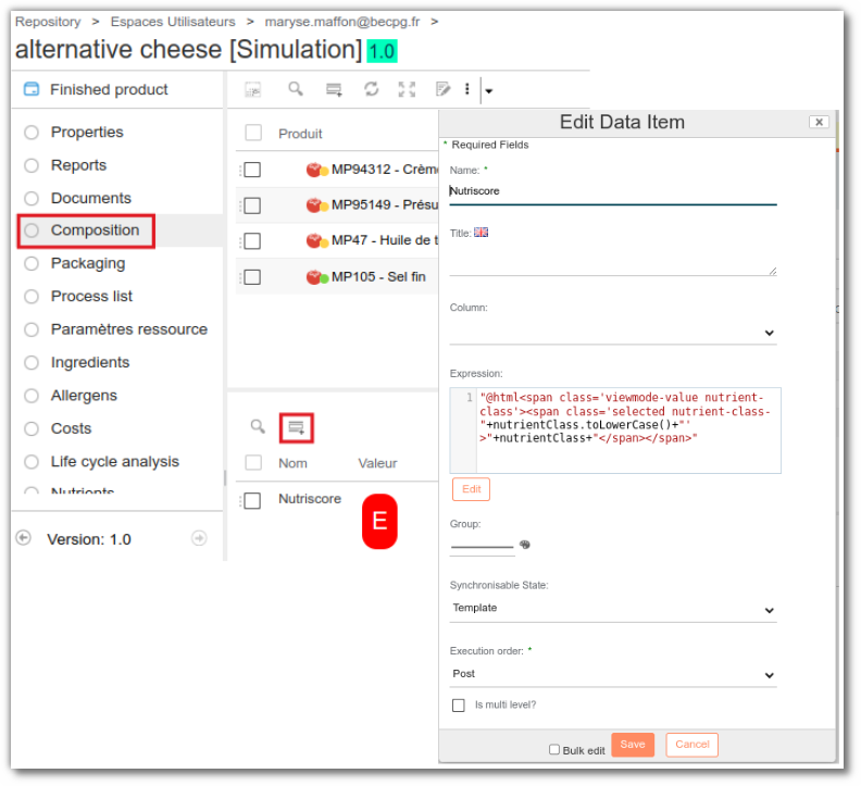 Nutri-Score details in the composition