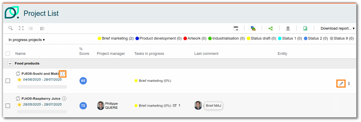 Project tracking table: list