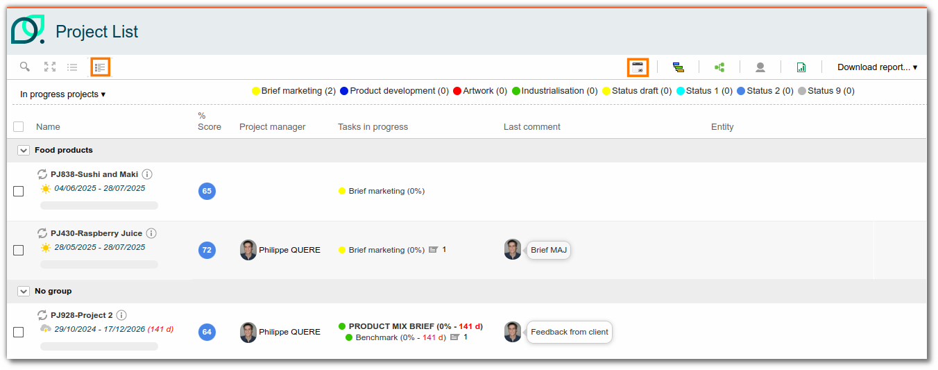 Detailed project tracking table