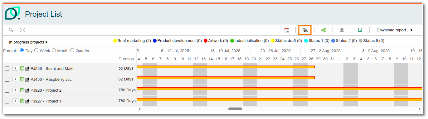 Project tracking in Gantt format