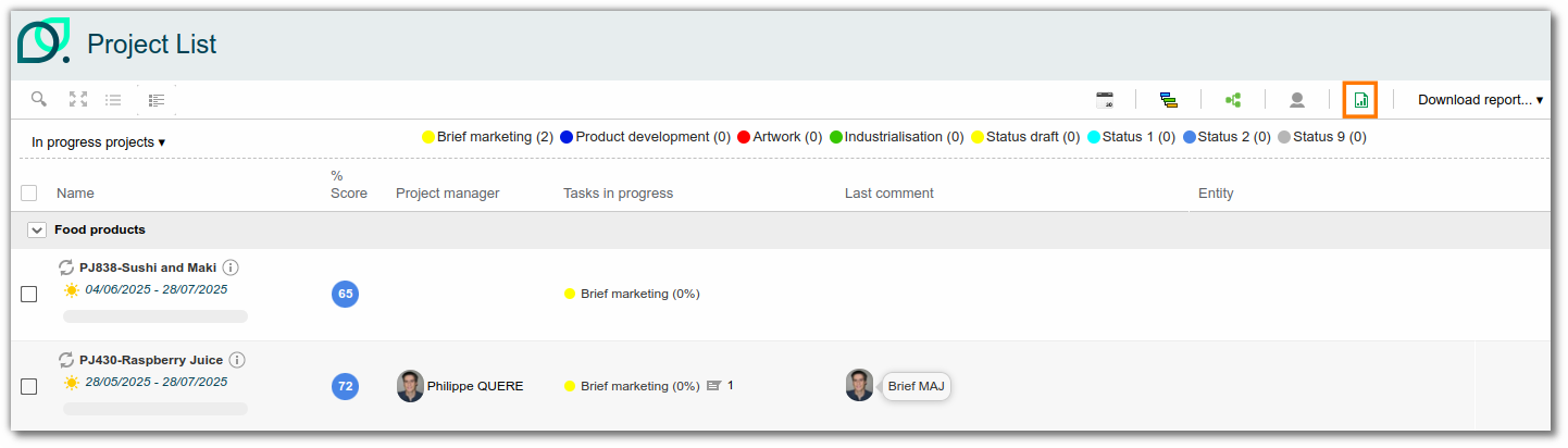 Project tracking export