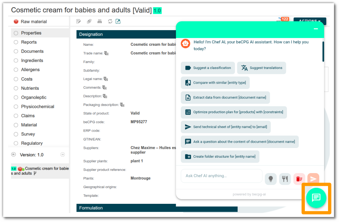 Using beCPG from chat assistant Using beCPG from chat assistant