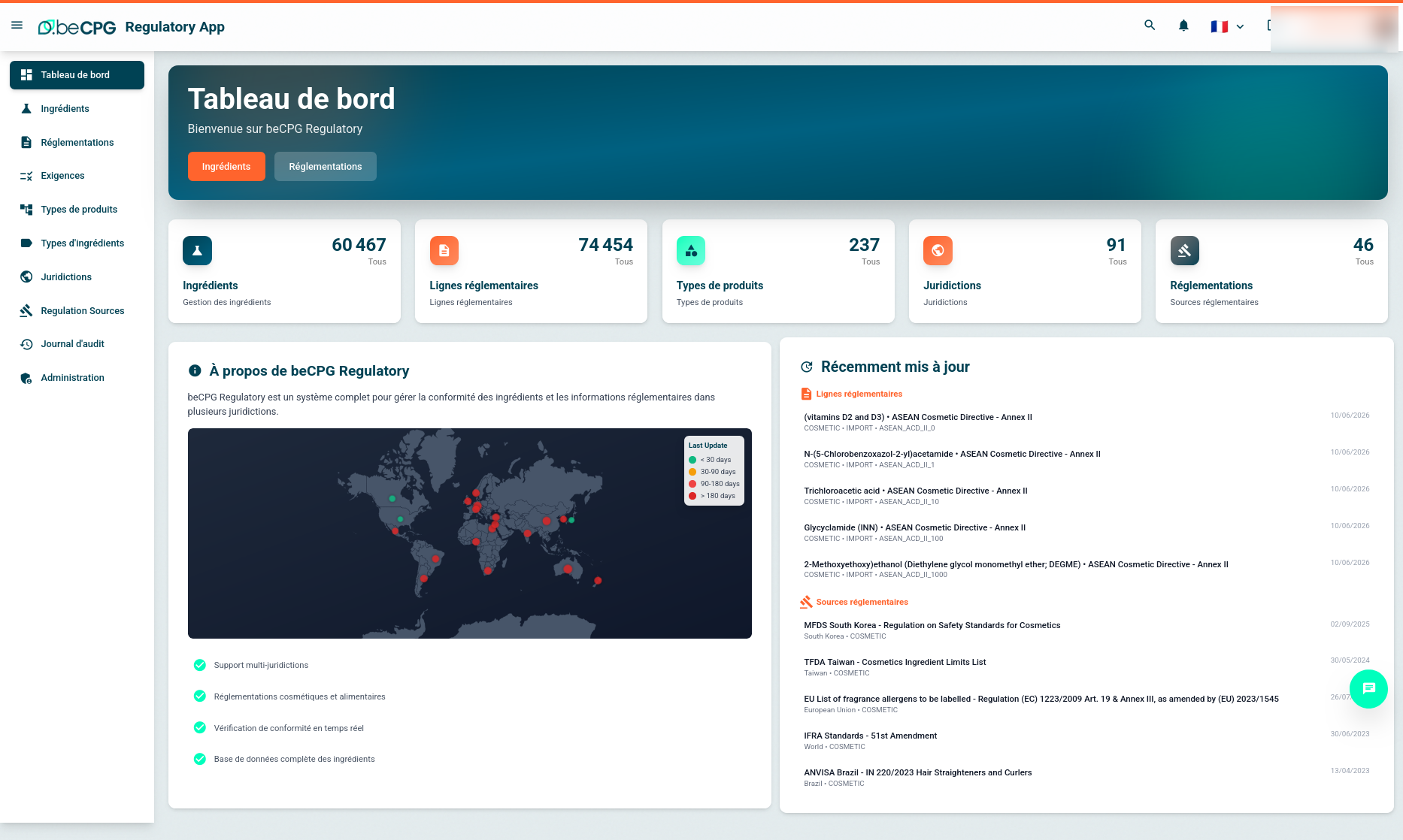Dashboard of the beCPG Regulatory application