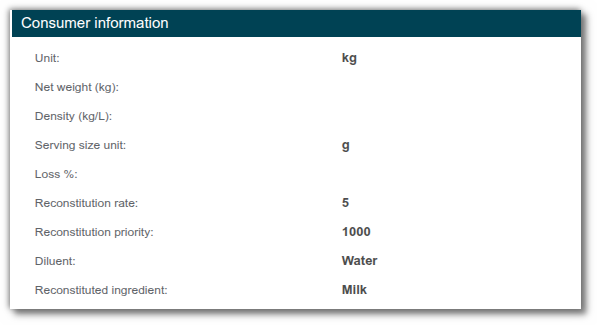Fields containing the parameters to be entered for the reconstitution of a raw material