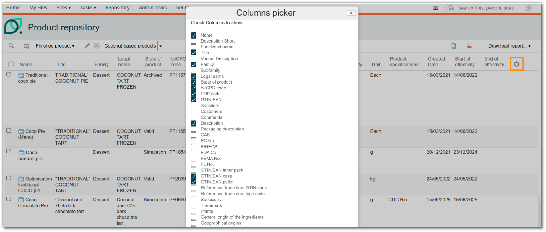 Customizing columns in the Product Repository view
