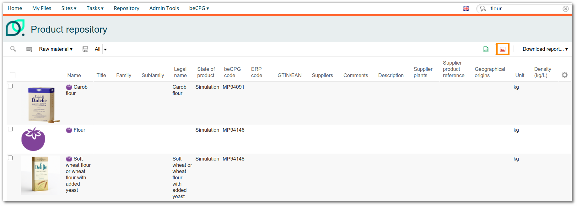 Product repository view with product images