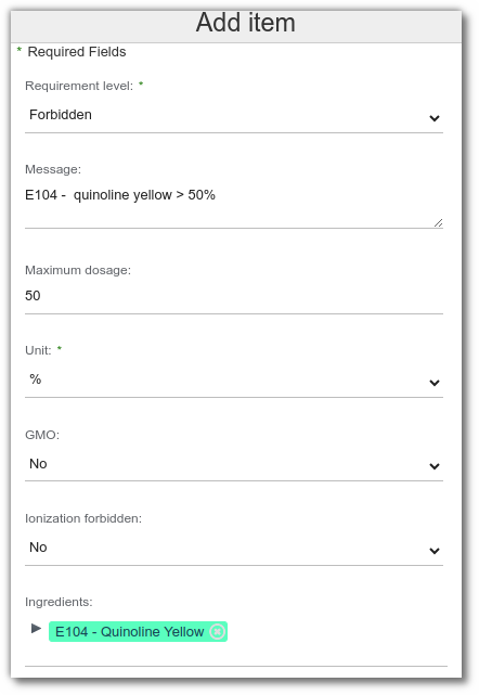 Create a specification on ingredients