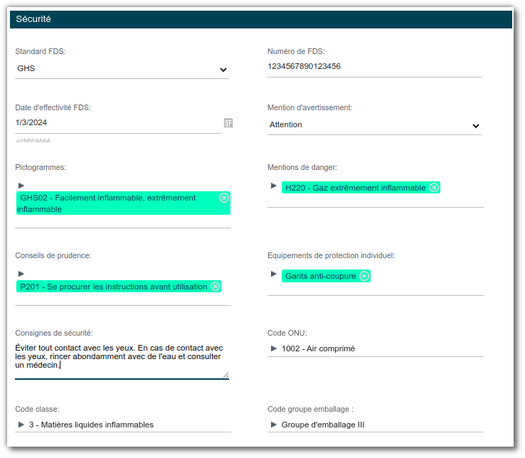 Aspect fiche de données de sécurité MSDS