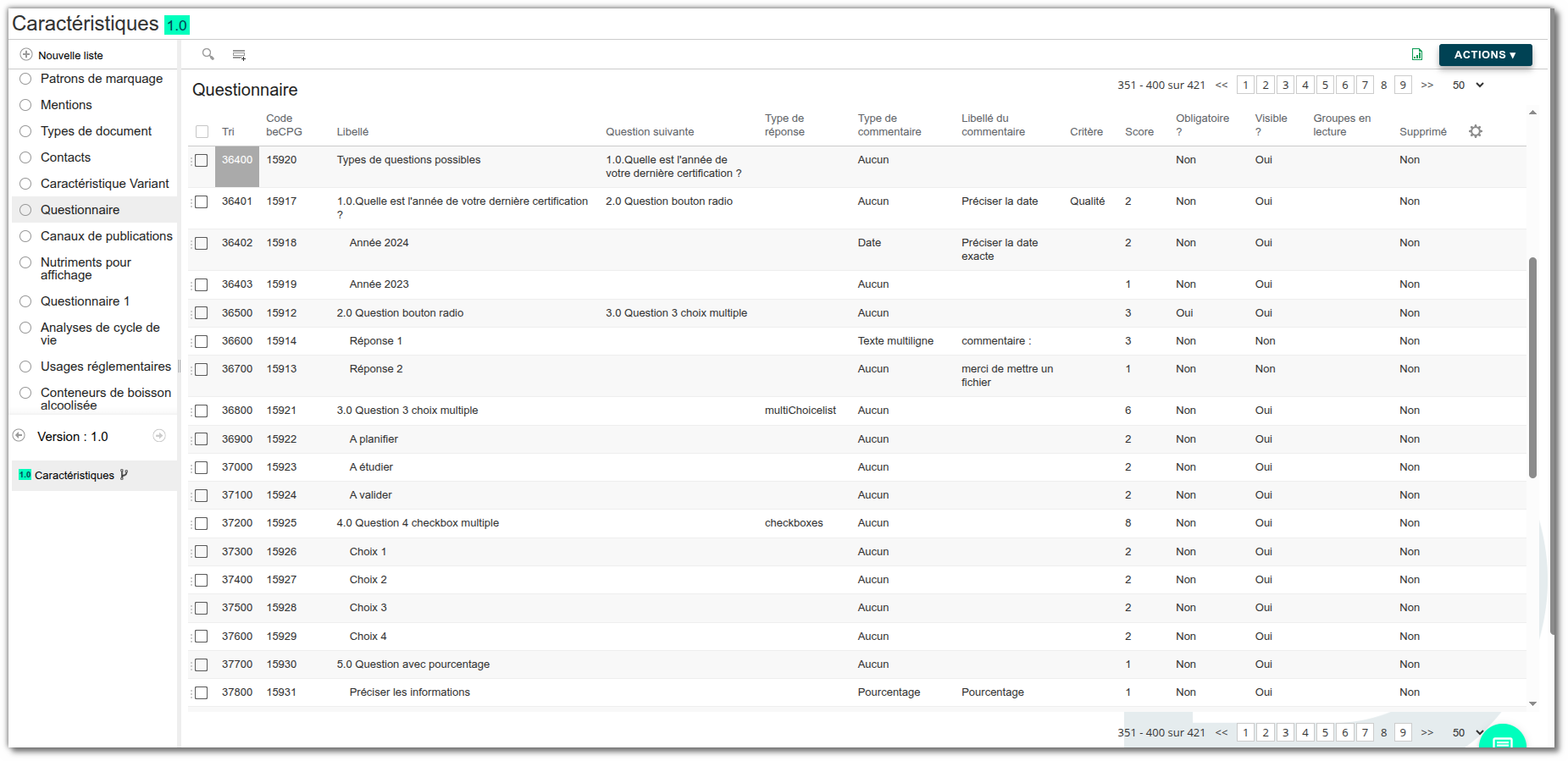 Caractéristique Questionnaires Administration