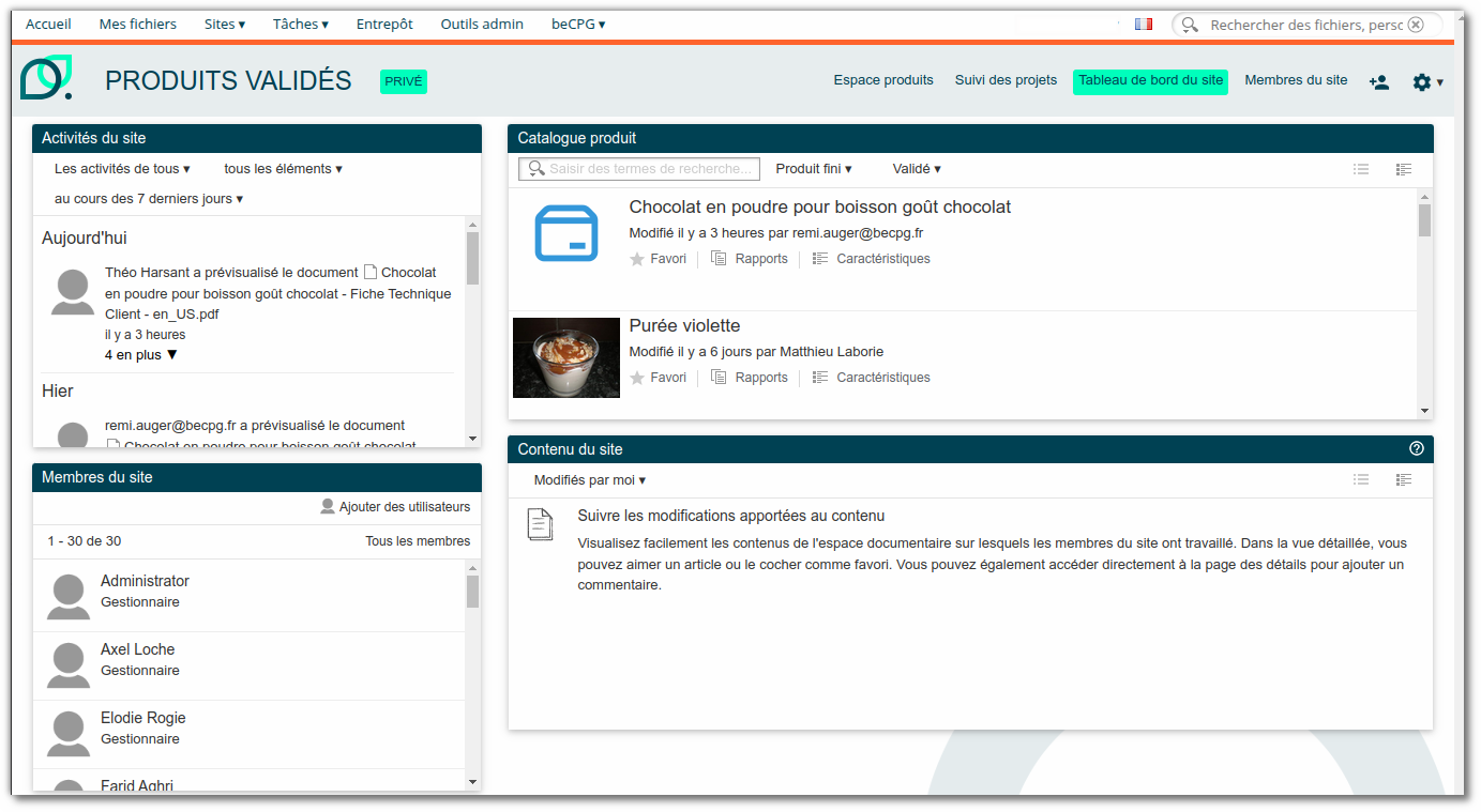 Tableau de bord site