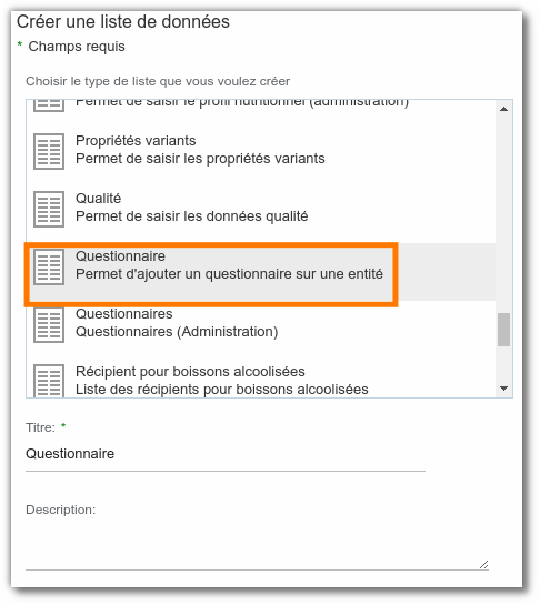 Sélection de la liste a ajouter sur l'entité