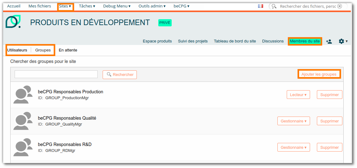 Ajouter des groupes ou des utilisateurs sur un site