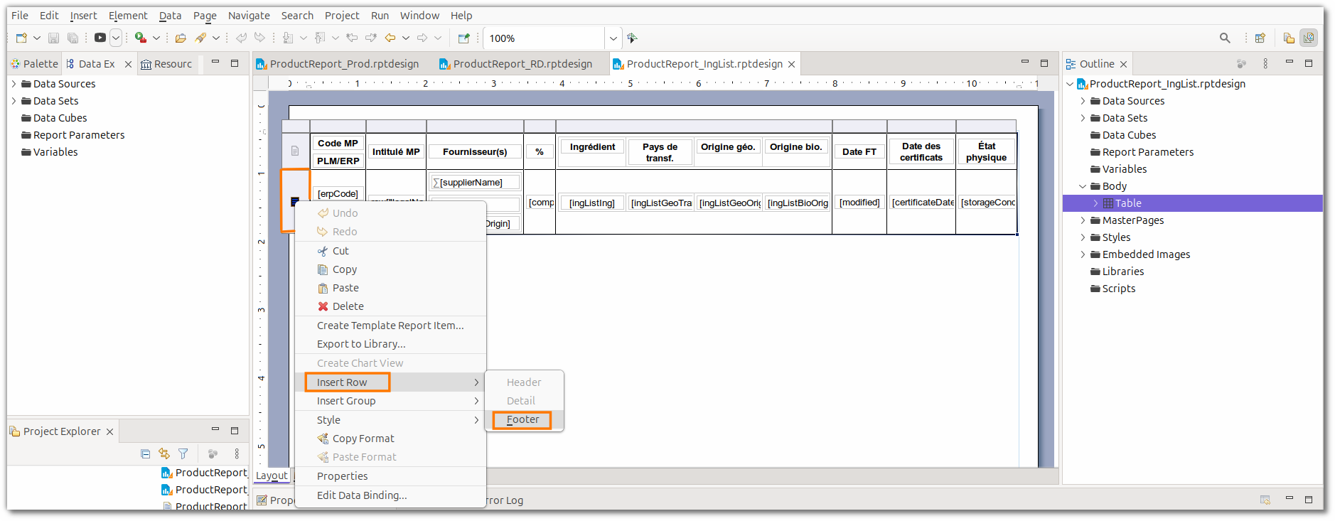 Header, detail et footer d'une table