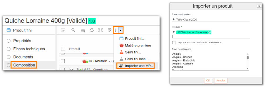 Importer une matière première depuis une base de donnée nutritionnelle