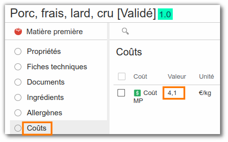Renseigner les coûts d'une Matière première