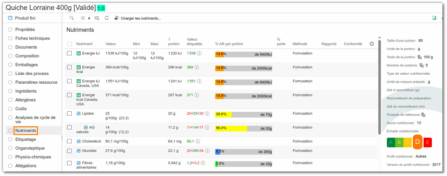 Visualisé les nutriments sur le produit fini
